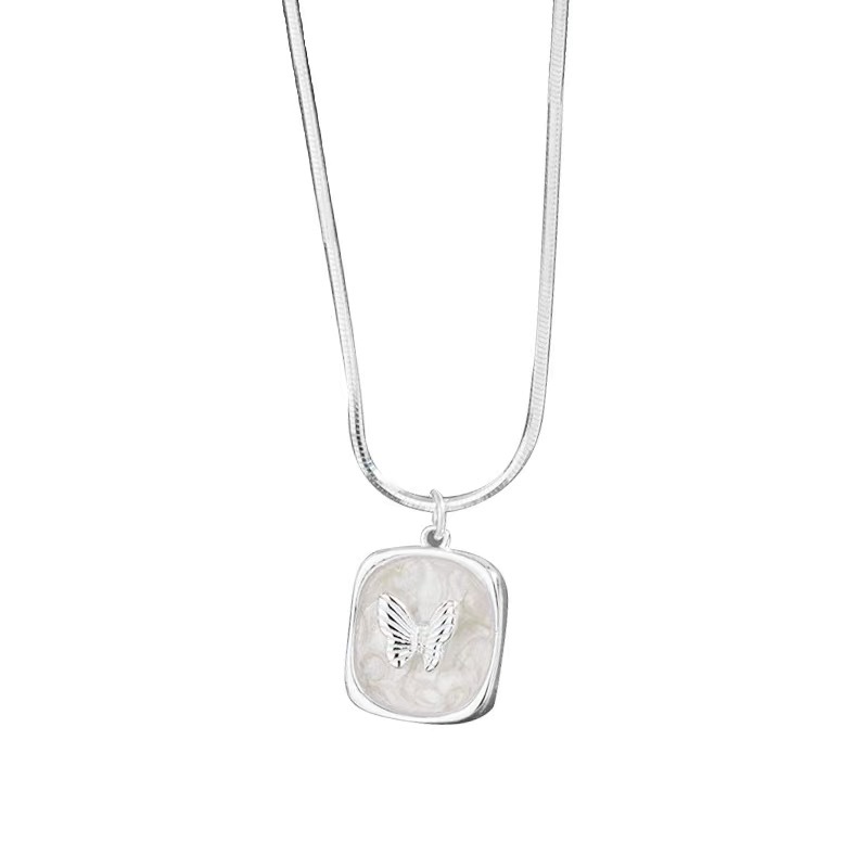 s925 sterling silver square oil painting resin necklace for women, Korean version butterfly snake bone sweater chain, exquisite and high-end Item Picture