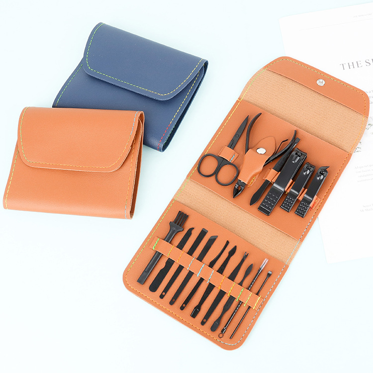 Folding leather case set of 16 pieces, nail clipper set, blackening dead skin pliers, nail clipper case, manicure tools details Picture