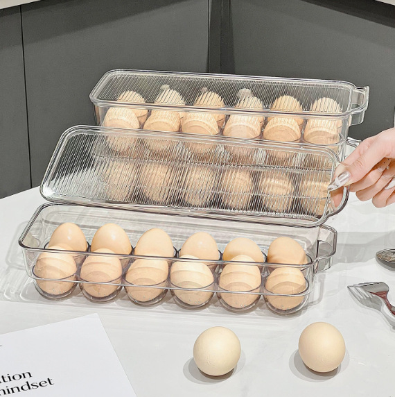 Transparent refrigerator egg storage box, stackable rectangular egg tray, kitchen food organization, covered egg preservation box