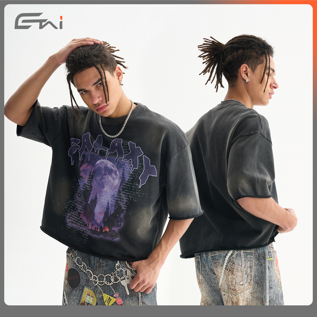 Black short-sleeved men's T-shirt with GALAXY logo, trendy Korean-style casual half-sleeved decorative jeans, male and female models wearing fashionable and trendy clothing, selected stock Specification image