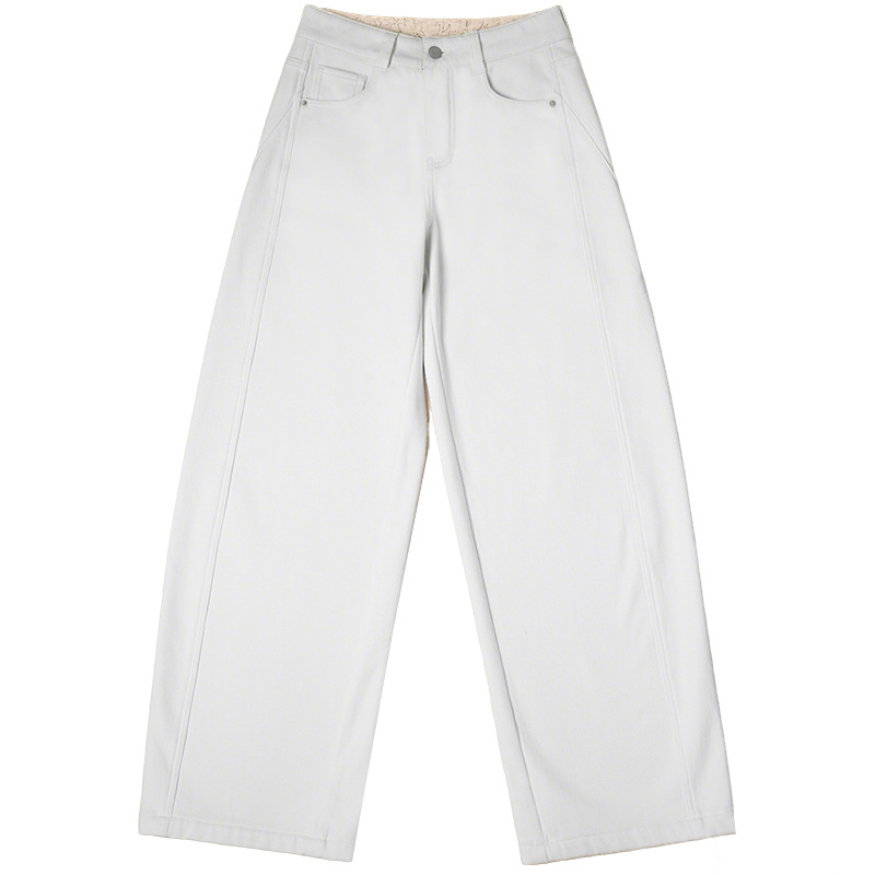 Factory direct sales of new winter fleece and thickened white jeans for women, loose, casual, wide-leg, laid-back style sickle pants Item Picture