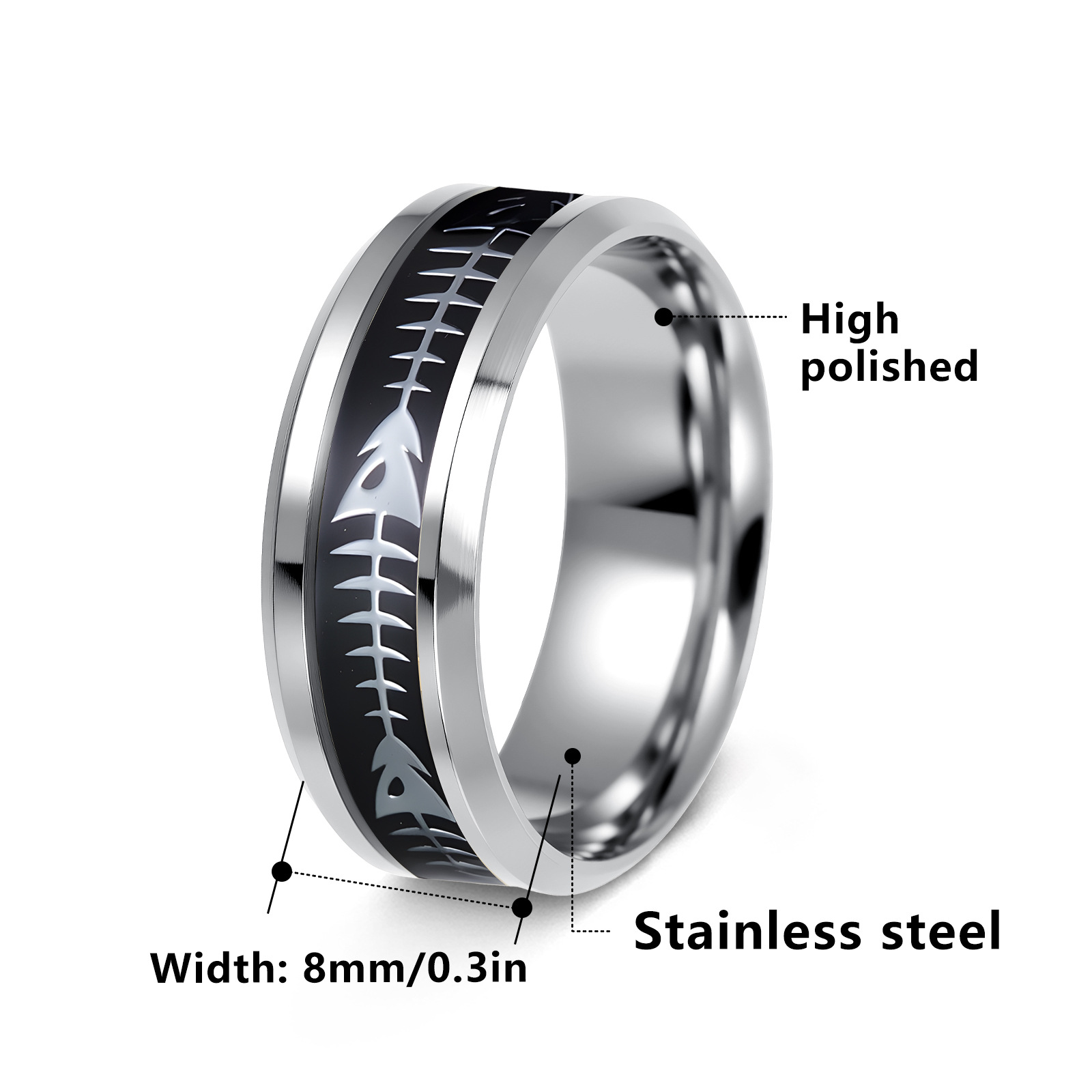 Cross-border European and American Amazon men's new stainless steel trendy accessories 8MM fishbone patch ring, one-piece consignment Item Picture
