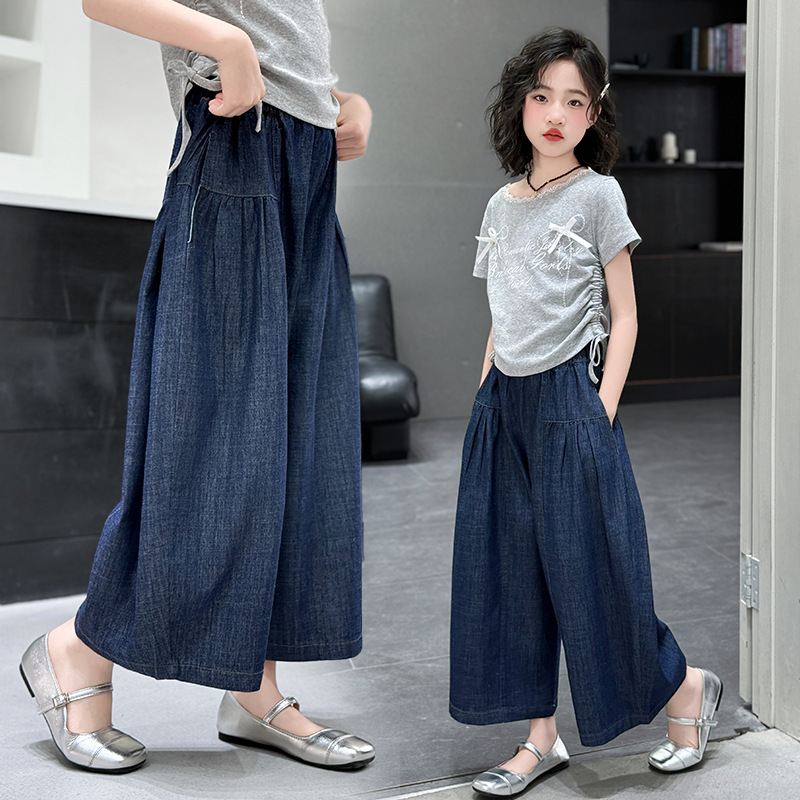 Girls' Summer Set 2026 New Style Children's Stylish pure cotton short-sleeved T-shirt, Big kids' top, denim wide-leg pants Application Scenario
