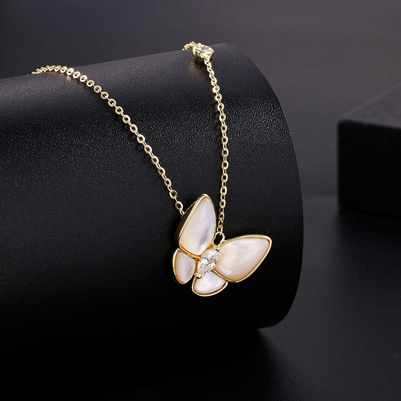 s925 Silver Mother-of-Pearl Butterfly Necklace for women, European and American fashion style, versatile animal pendant collarbone chain, one-piece delivery details Picture