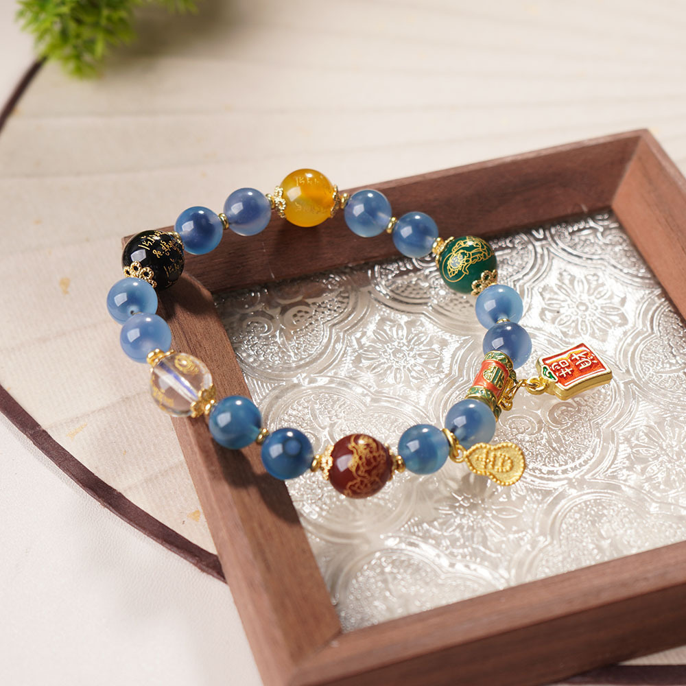 Beijing's same style of incense ash semi-sugar glass bracelet, peace lock, wealth attraction buckle, agate bracelet, couple handcrafted crystal jewelry