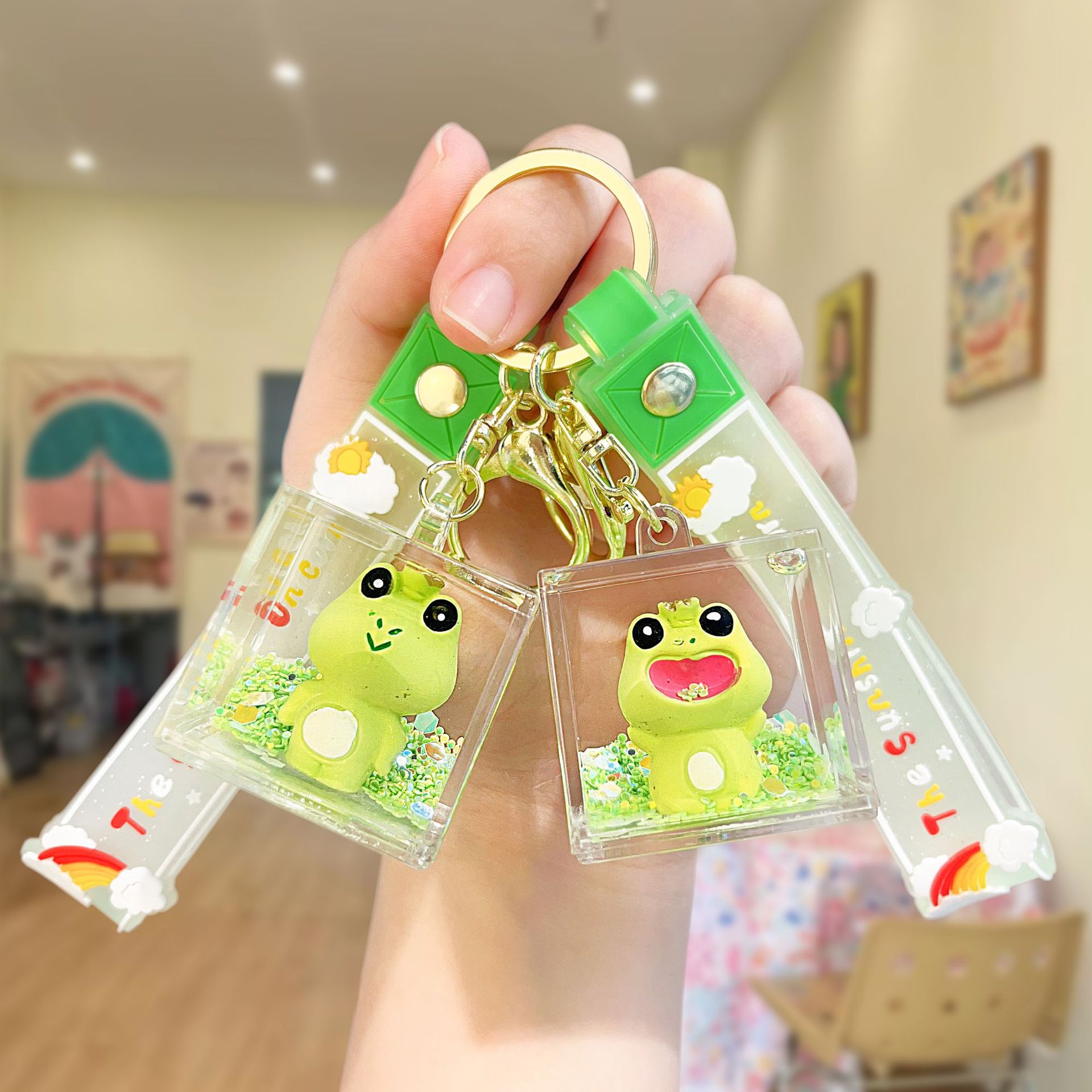 卡通入油流沙方块摆件钥匙扣挂件亚克力钥匙链挂饰摆摊火爆小商品细节图