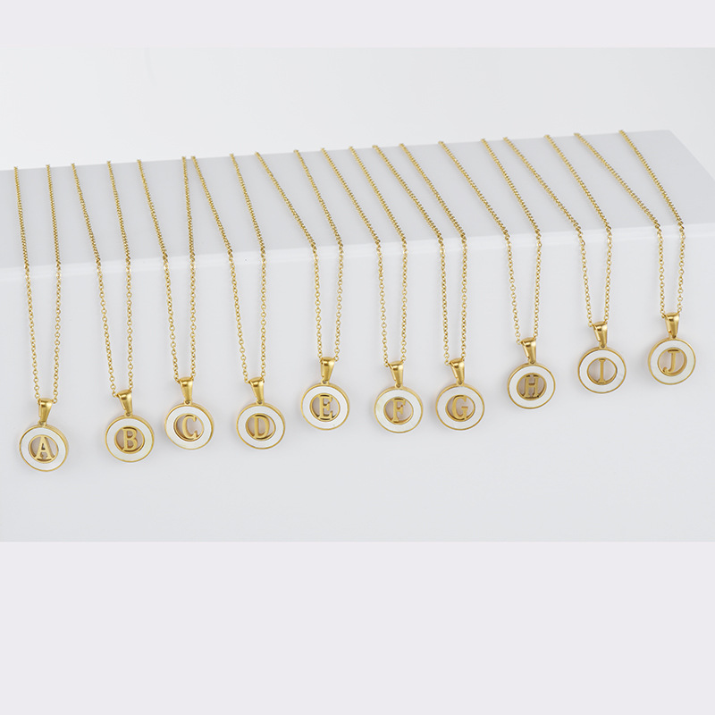 Cross-border 18K gold shell round stainless steel letter necklace, fashionable European and American titanium steel ring 26-letter pendant for women details Picture