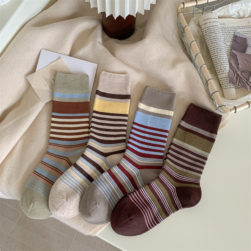 Korean retro forest-themed Merad color-blocking striped mid-calf socks for women, breathable autumn and winter Birken shoes, double-needle pile socks details Picture