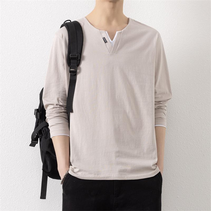 Two V-neck long-sleeved T-shirts for men, a thin spring and autumn top, pure cotton outerwear, a long Johns, a sweatshirt, and a casual base layer Application Scenario