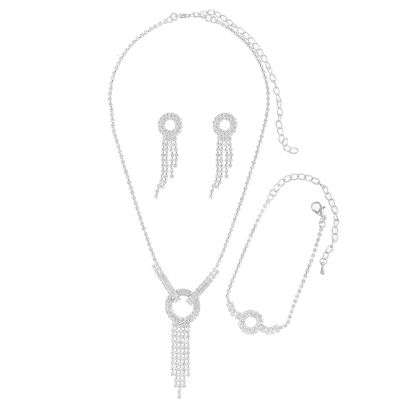 Wholesale supply of cross-border chain, rhinestone, tassel, necklace, earrings, bracelet, luxury three-piece set, banquet dress and wedding accessories Item Picture