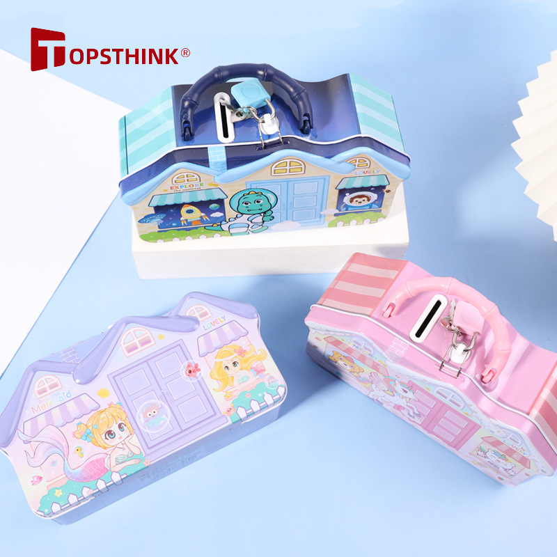 Cartoon iron house, survival money box for men and women, children's cartoon creative piggy bank, home ornaments, loose change storage box