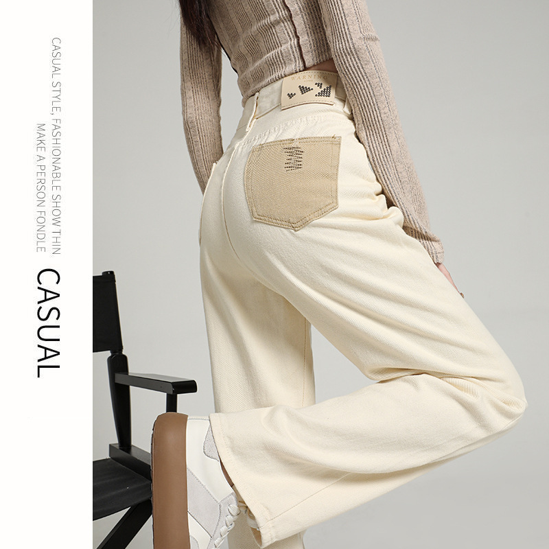 外贸定制米白色牛仔裤女2024年秋季爆款高腰显瘦小个子窄版直筒裤
