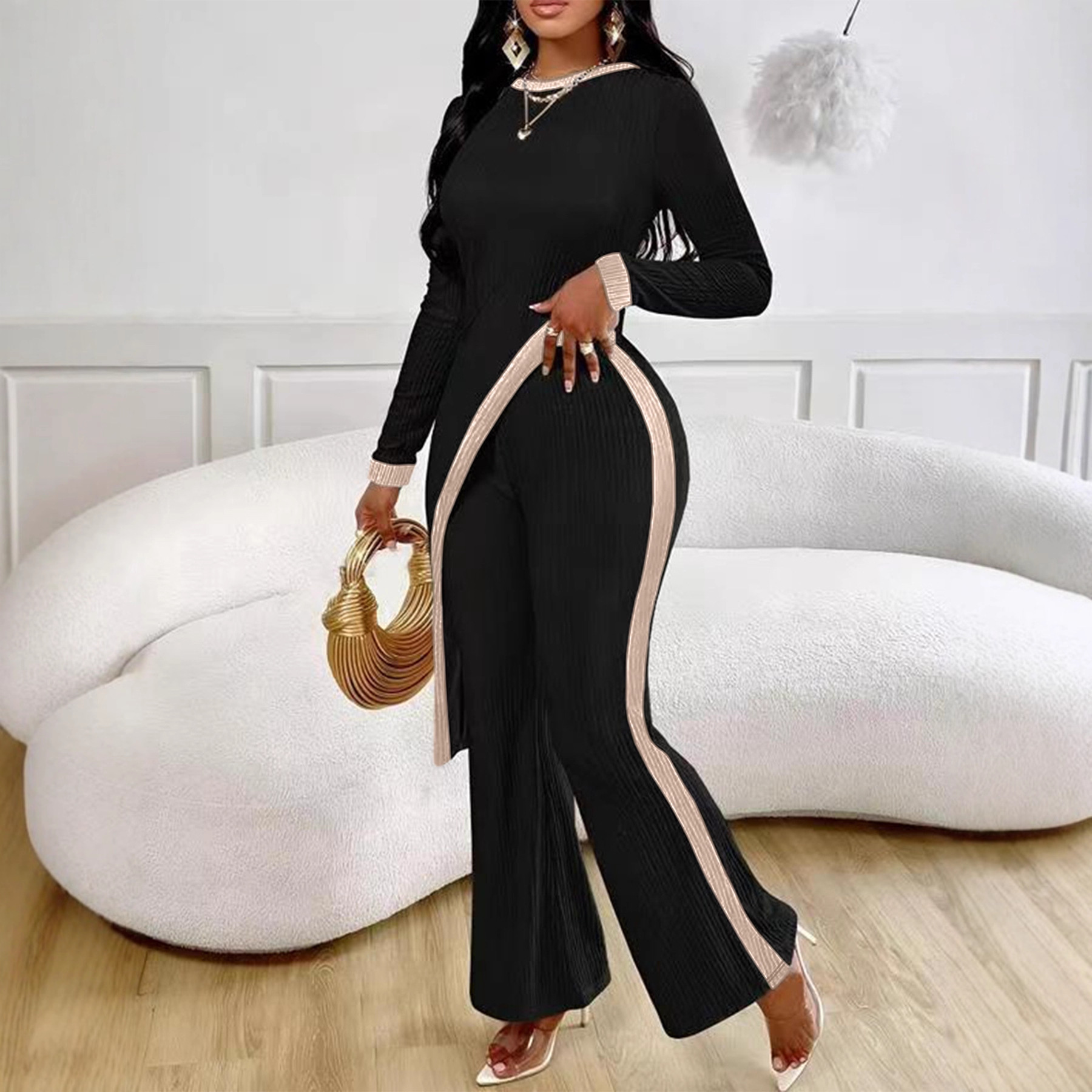 European and American cross-border 2025 Spring/Summer new women's fashion color-blocking long-sleeved side-slit T-shirt + patchwork long pants set Application Scenario
