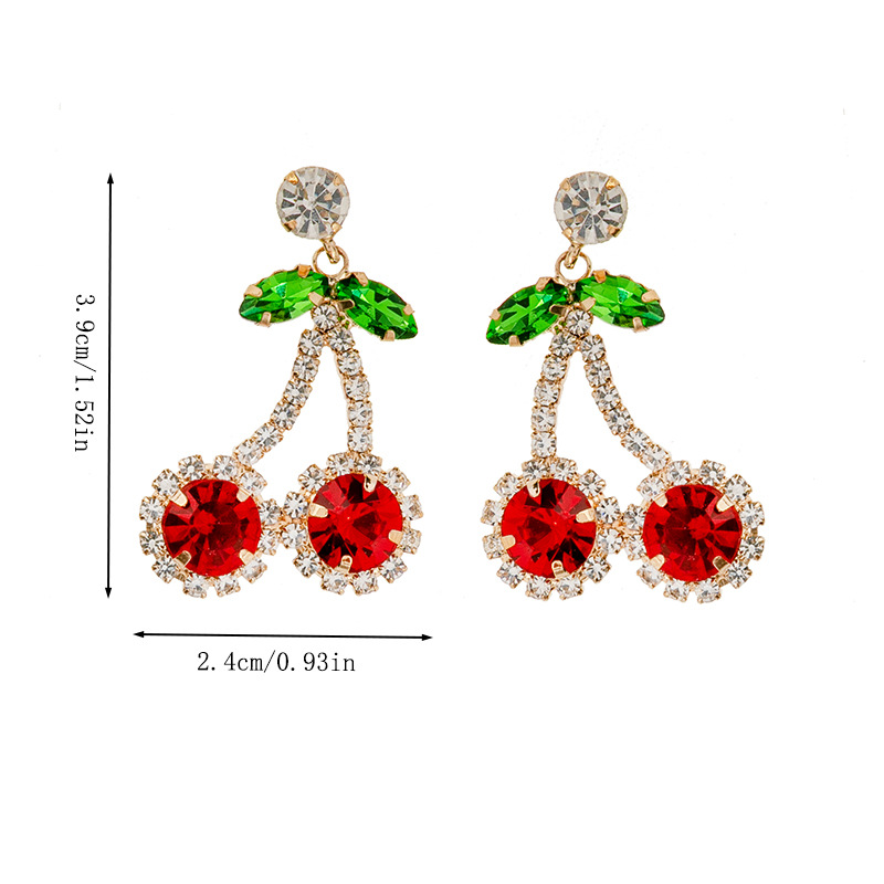 Wholesale of new cross-border European and American fashion red cherry rhinestone earrings, women's design sense and personality pendant with diamond setting Specification image