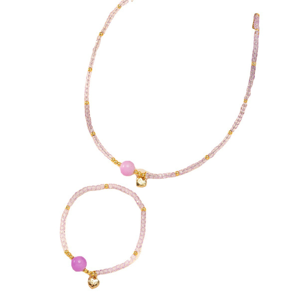 Factory direct sales of fashionable crystal agate stone heart necklace bracelet, women's retro style collarbone chain set jewelry Item Picture