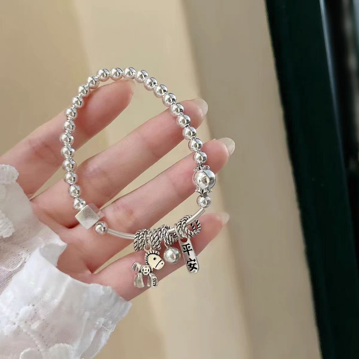 Retro, instant money silver bracelet S925 sterling silver women's cylindrical elastic handmade single-loop peace bracelet birthday gift Specification image