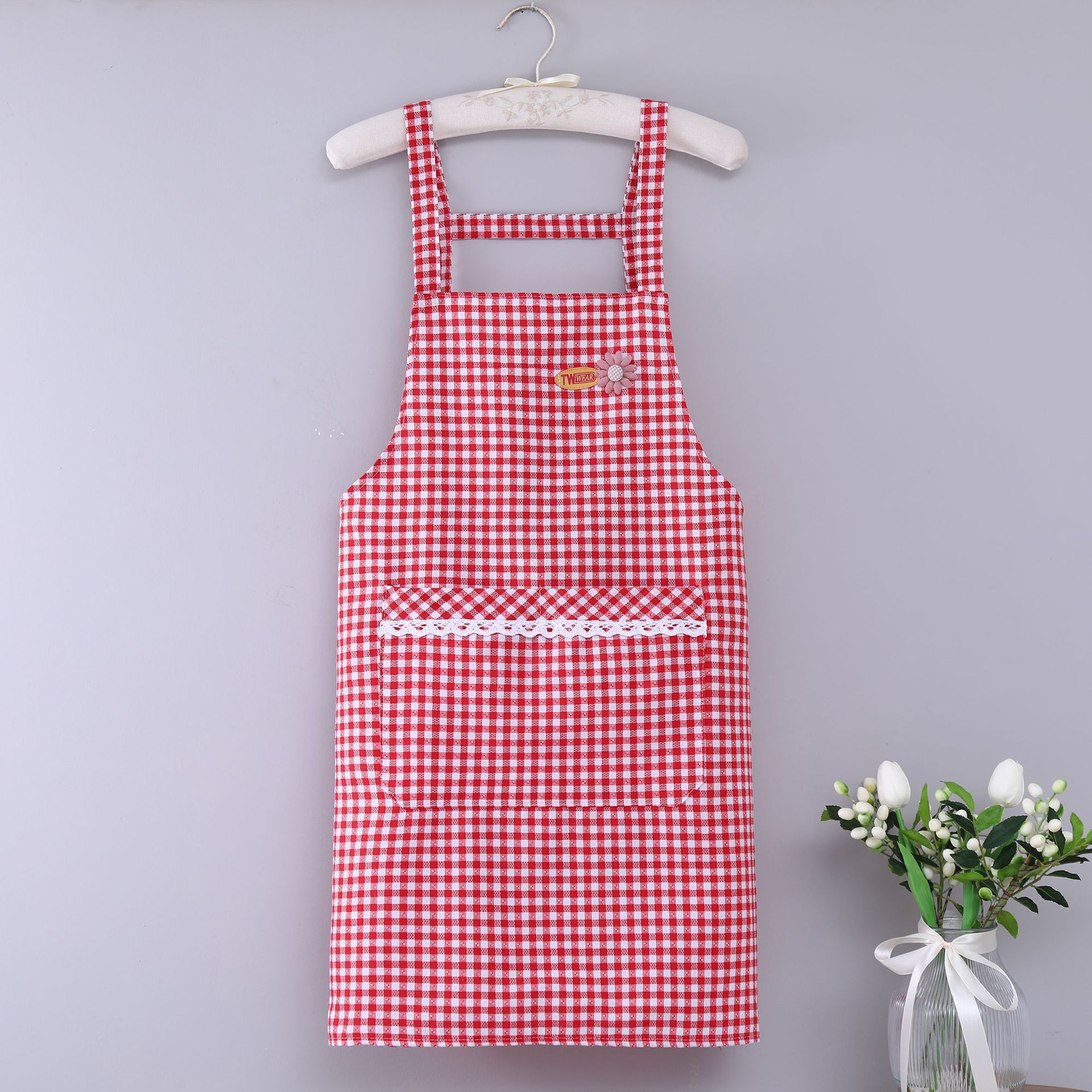 Black, white, red and white checkered apron, long-sleeved fashionable apron for women Specification image