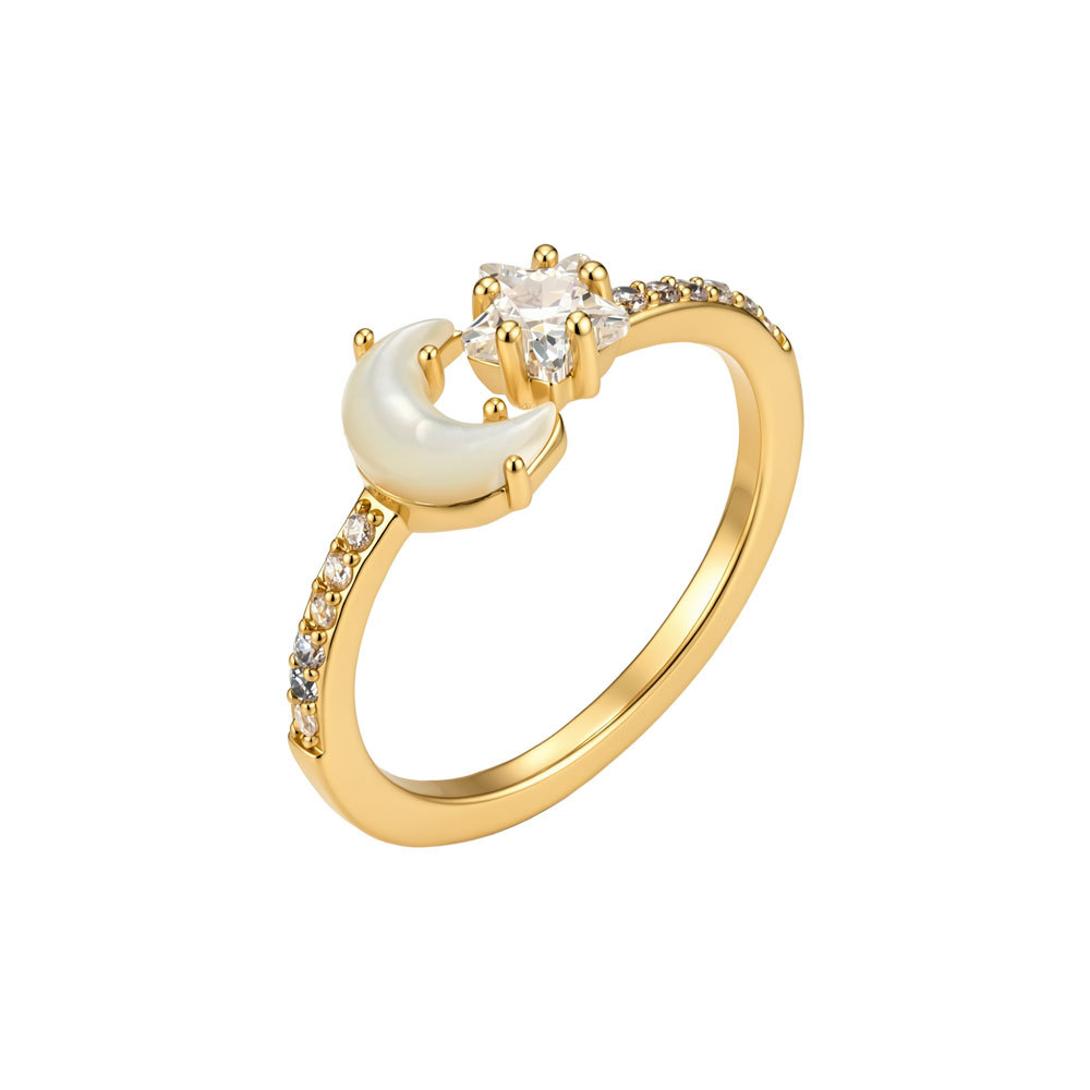 Factory direct supply of Star Moon Mother-of-pearl open ring copper alloy real gold electroplated light luxury adjustable ring in stock wholesale Item Picture