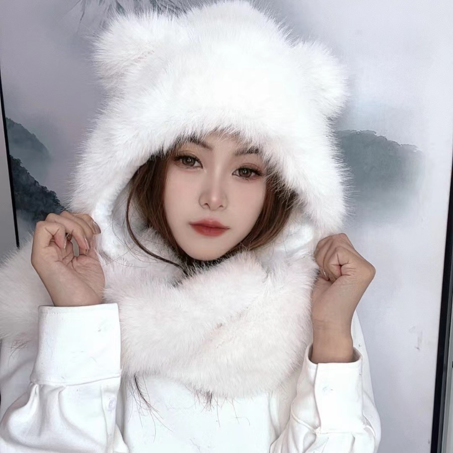Winter little fox ears 貉子 Fur hat, women 's scarf, warm, fleece, thickened scarf, gloves two-piece set details Picture