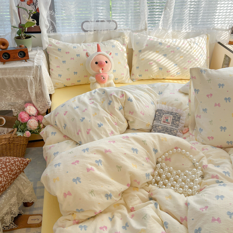 Class A pure cotton baby and mother grade double-layer yarn four-piece set, ins all-cotton bed sheet, quilt cover and quilt cover for sleeping naked, dormitory three-piece set Specification drawing