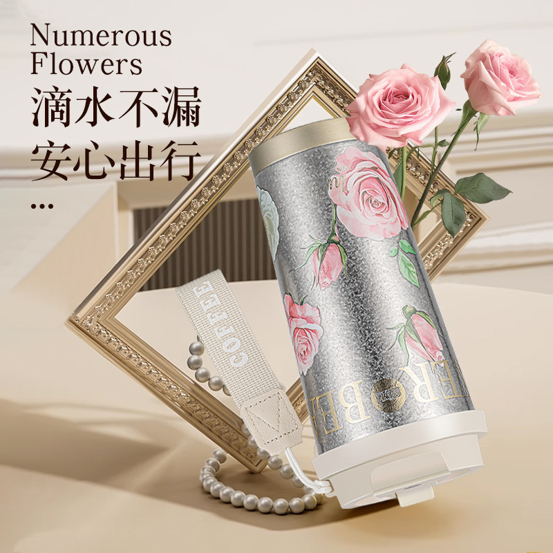 The new double-drink Lily of the valley coffee cup has a high appearance level, a pure titanium inner liner, a thermos cup, and is portable and portable with a straw Specification image