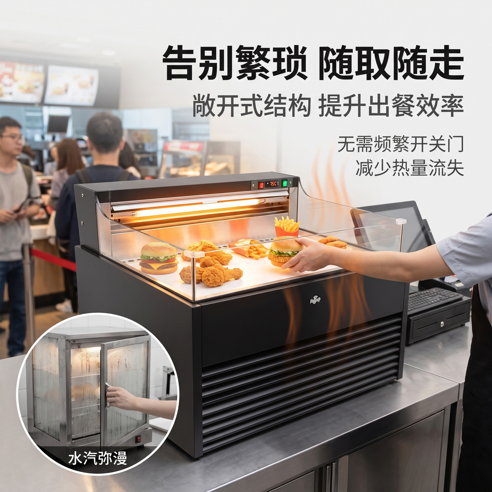 Commercial vertical open hot air circulation insulation cabinet with digital display temperature control for cooked food, fried chicken and hamburger display cabinet Specification image