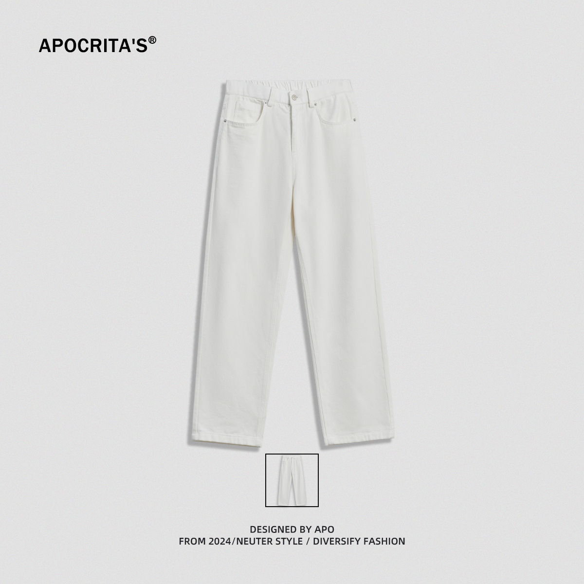APO Men's Wear: High-end solid straight-leg jeans for 2024 summer, a heavyweight pure cotton loose wide-leg casual pants for men details Picture