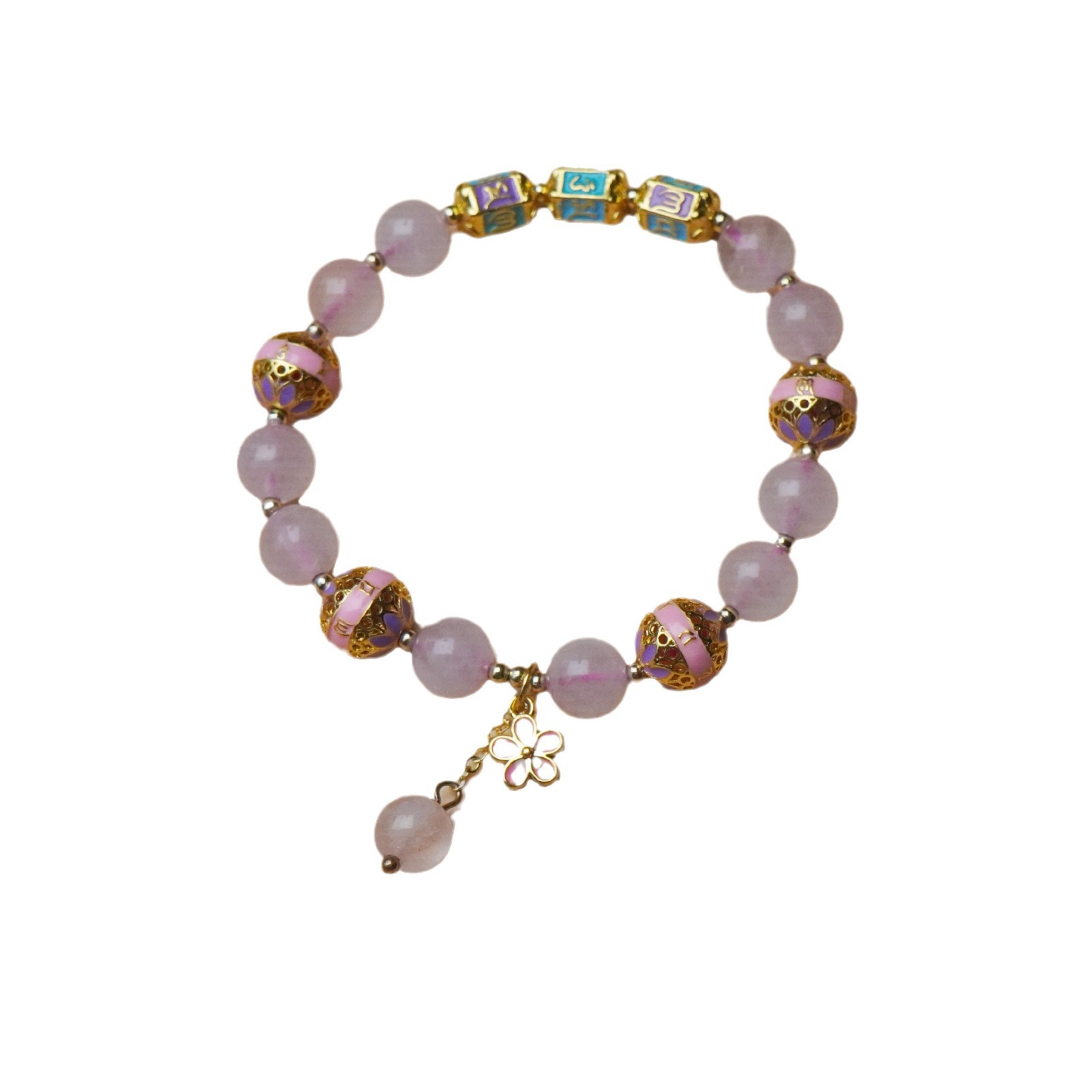 Natural rose quartz cloisonne bracelet, women's enamel bucket bead flower pendant, crystal bracelet, high-end accessory Item Picture