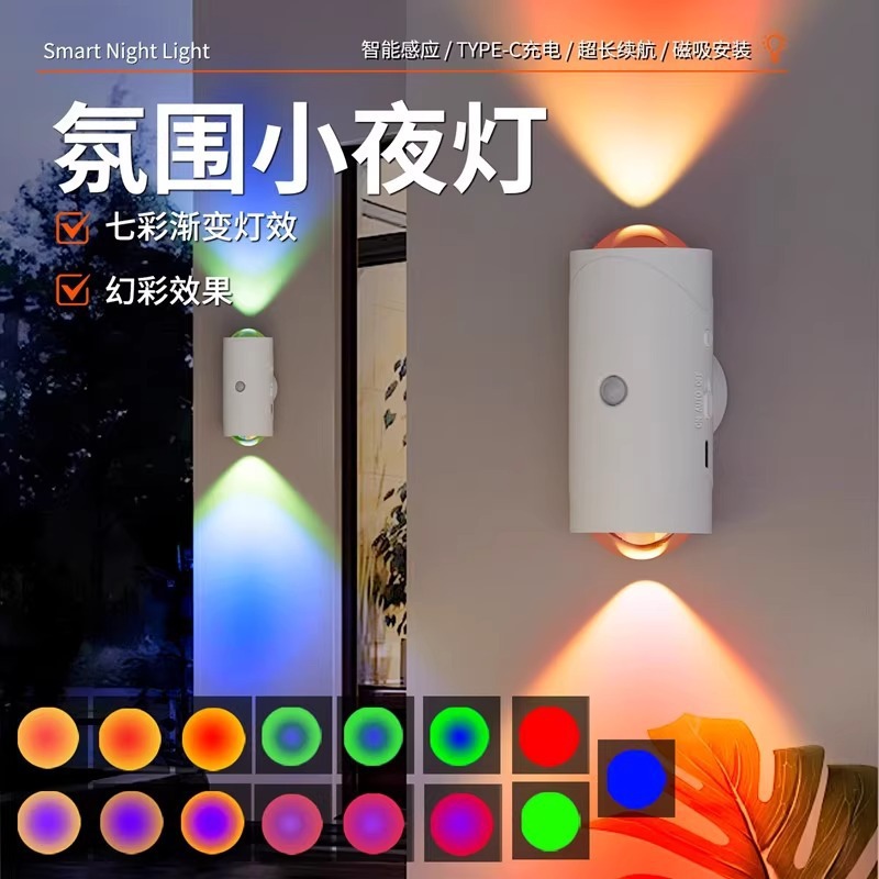Amazon cross-border bestsellers: Seven-color gradient atmosphere night light, smart human body sensing magnetic charging color-changing wall Item Picture
