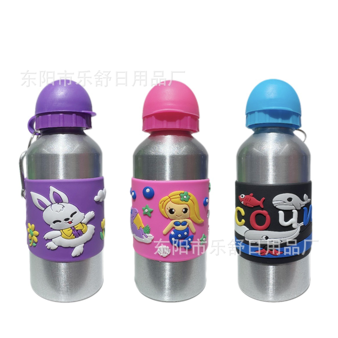 厂家直供新款卡通图案3D立体套皮铝壶卡通硅胶pvc软胶帽盖水壶