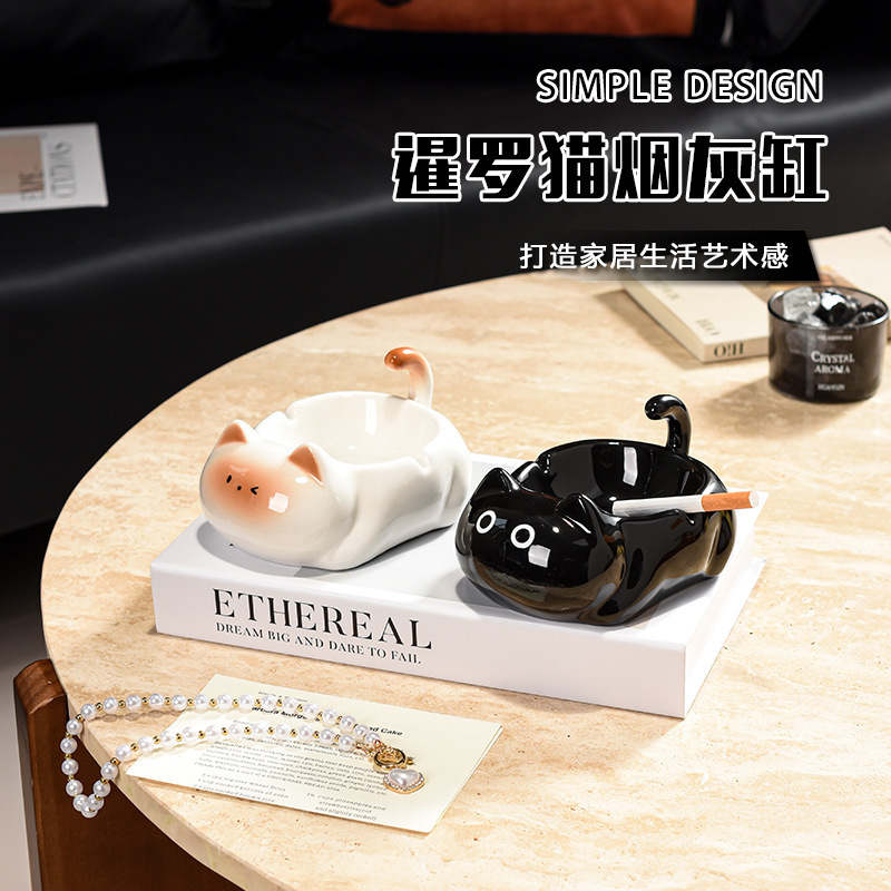 创意可爱暹罗猫陶瓷烟灰缸客厅办公室桌面防飞灰带盖烟缸装饰摆件详情图4