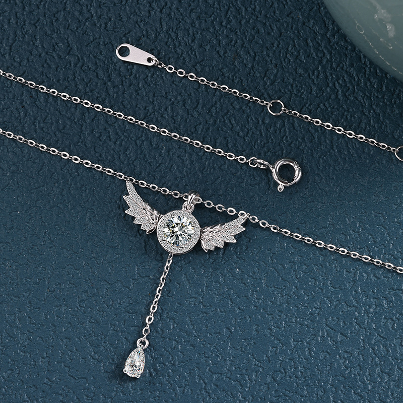 s925 sterling silver Angel Wings Mosang Necklace, a fashionable and niche women's Cupid Heart Wings movable necklace details Picture