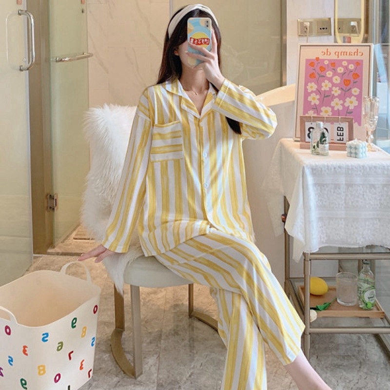 Korean InS-style yellow and white vertical striped pajamas for women in spring and autumn, long-sleeved and long-pants, milk silk loose large-sized home wear Application Scenario