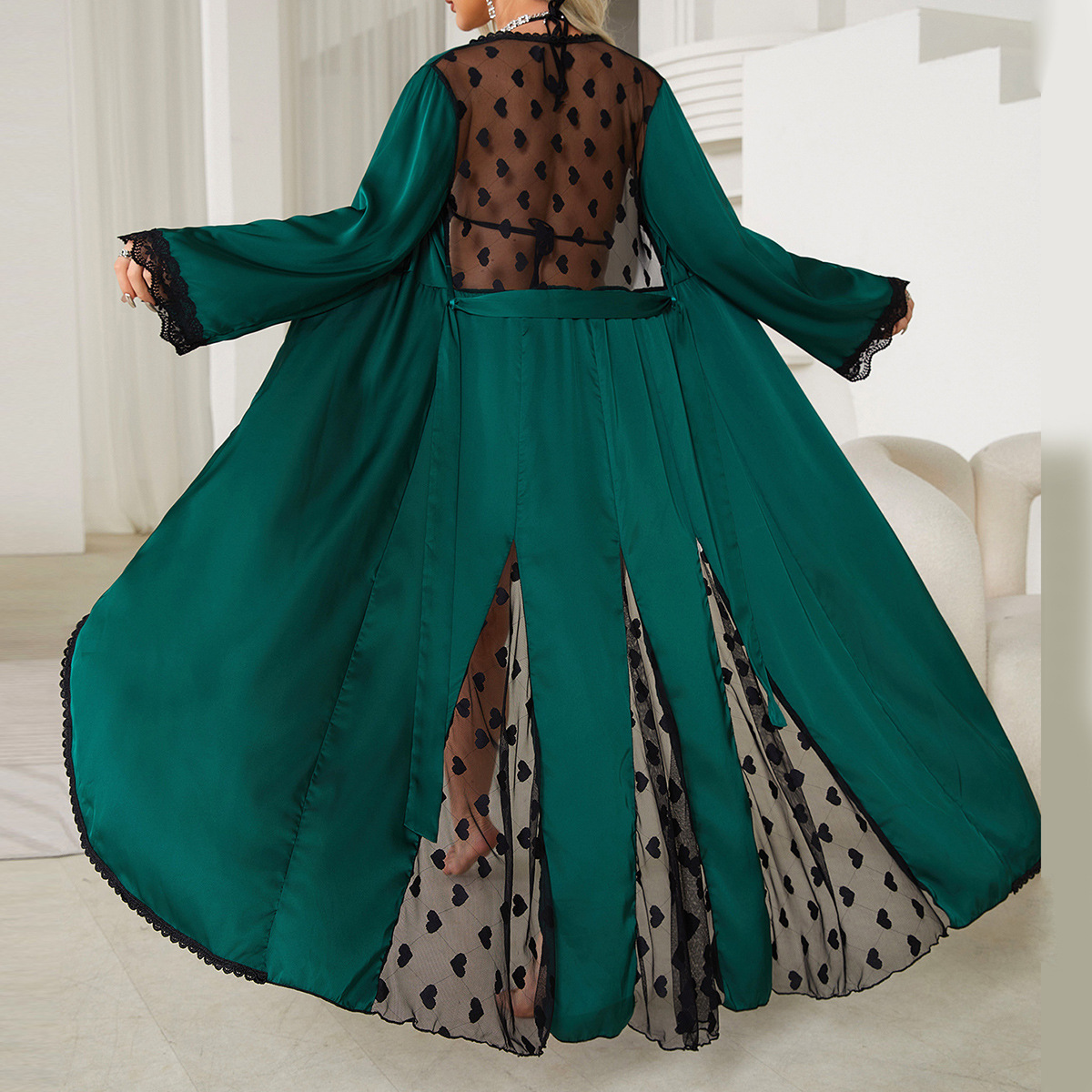 New cross-border light luxury long-sleeved V-neck satin lace patchwork long bathrobe, bathrobe and home wear for women, 657 Specification image