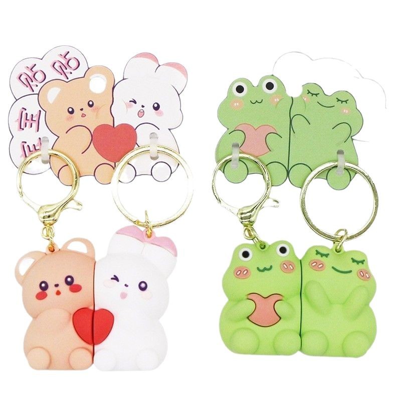 In stock: pvc soft rubber magnetic keychains, creative cartoon frog key chains, couple pendants, plush bear accessories Item Picture