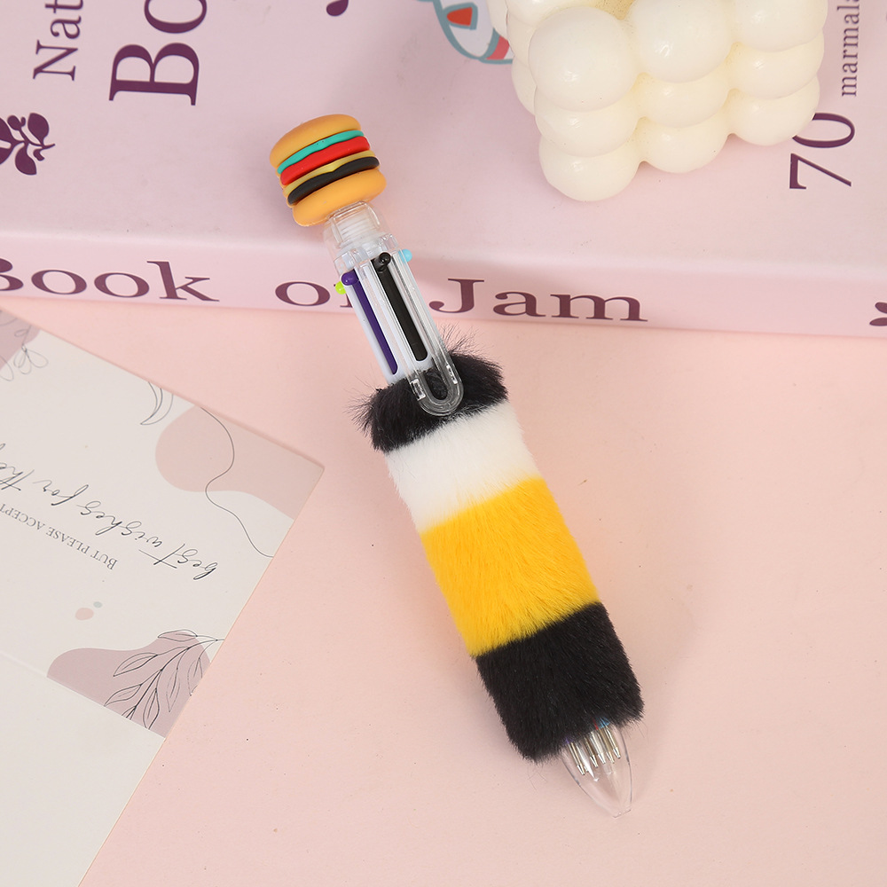 Cartoon hamburger fries, 6-color ballpoint pen, candy-colored plush stationery pen, Korean version creative push-type planner pen Application Scenario
