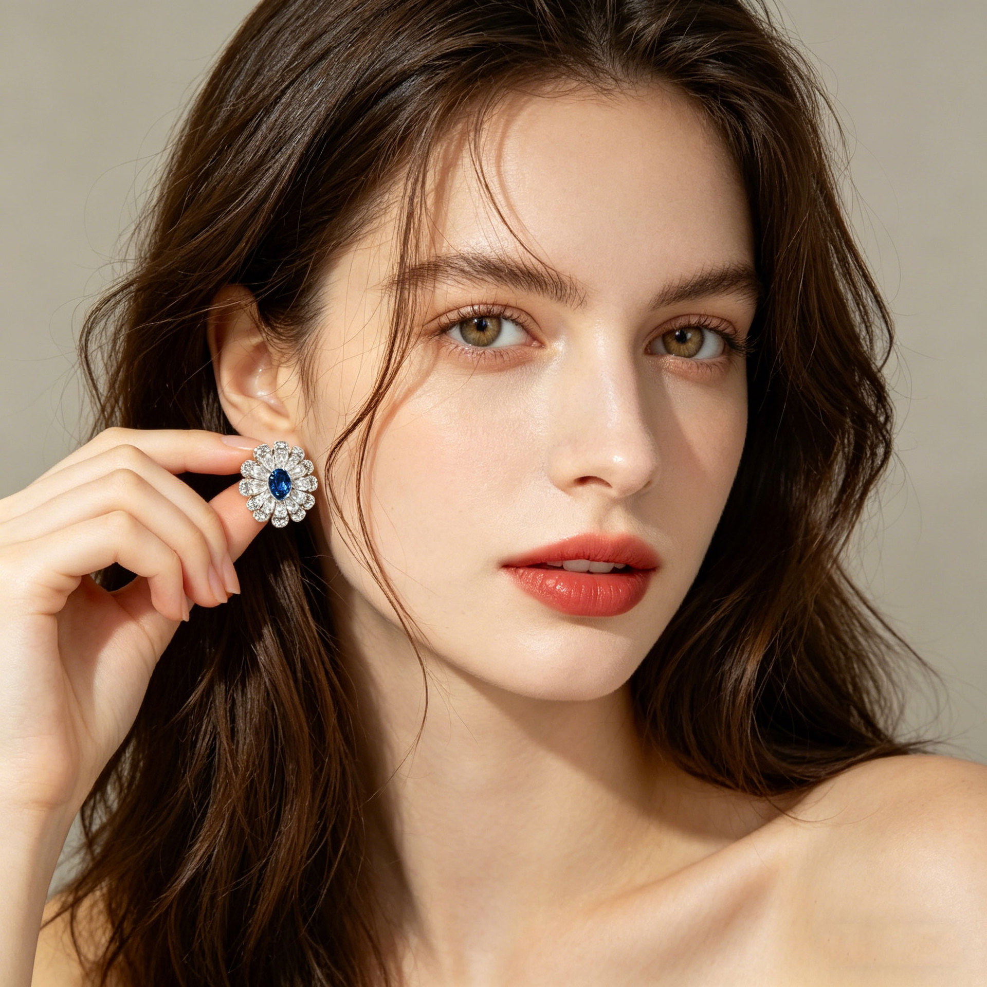Light luxury and high-end sunflower stud earrings, copper alloy with micro-inlaid zircon s925 silver needle, golden yellow and blue spinel, versatile earrings details Picture