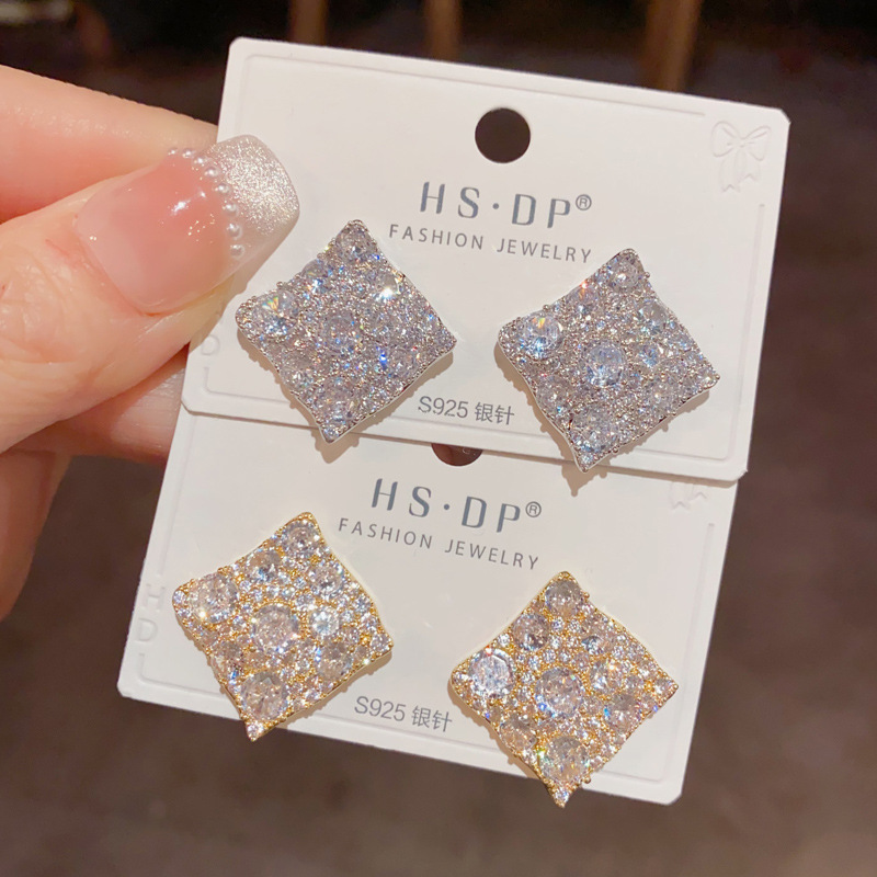 微镶满锆菱形耳钉精致百搭超闪s925银针耳环气质轻奢高级感耳饰品