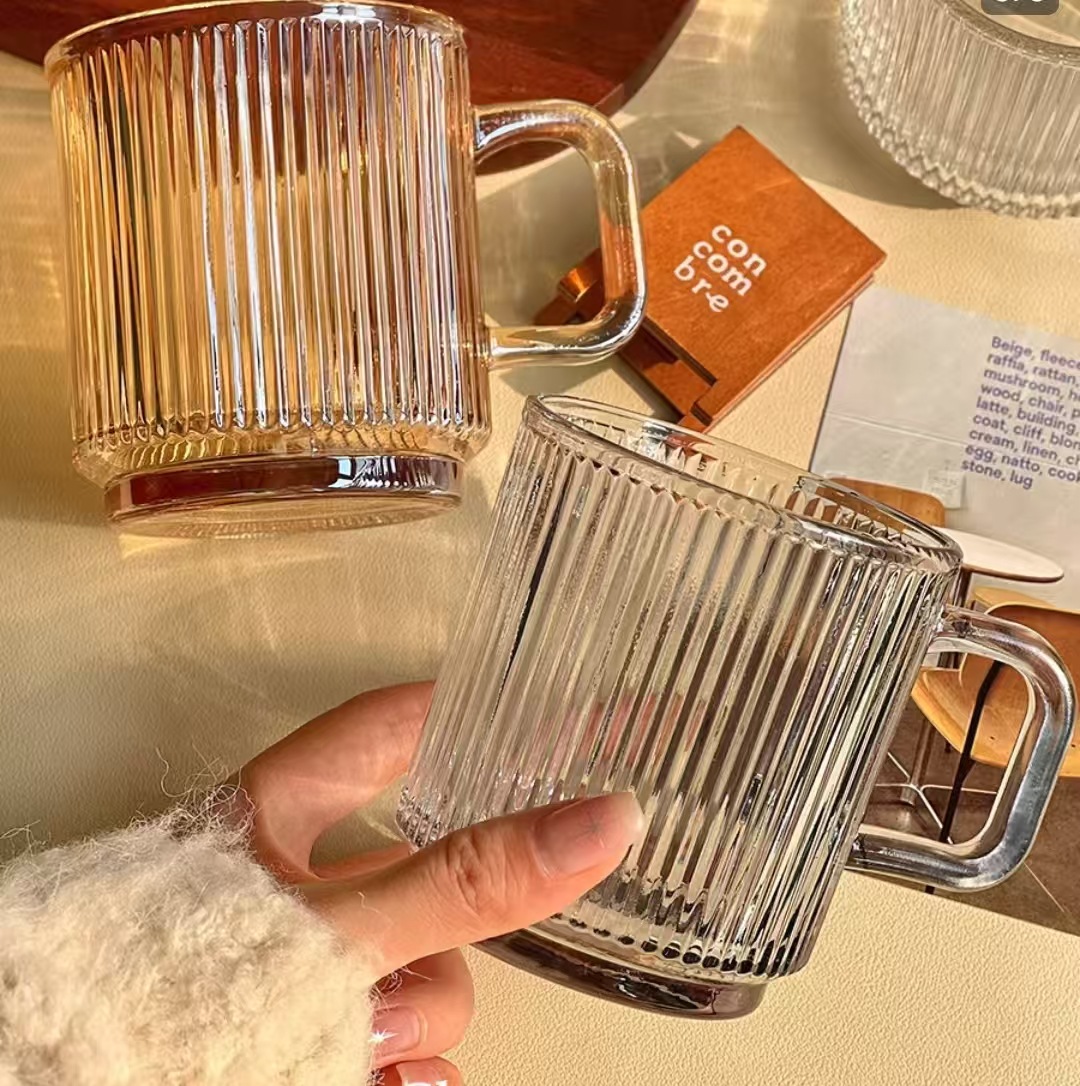 ins striped glass cups with handles, household beverage cups, high appearance level mugs, high-end coffee Specification image