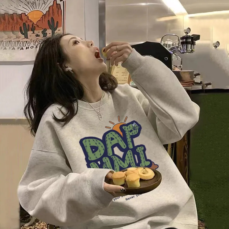 重磅100%纯棉圆领卫衣女冬季加绒加厚宽松百搭学生无帽上衣潮初秋