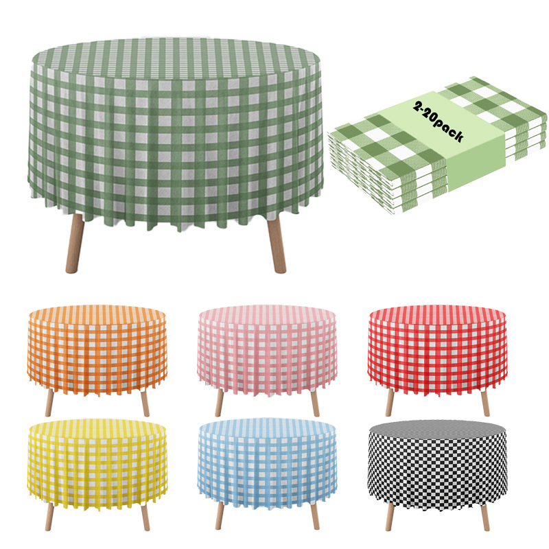 厂家直销 现货批发 亚马逊格子派对桌布一次性塑料桌布圆形84in