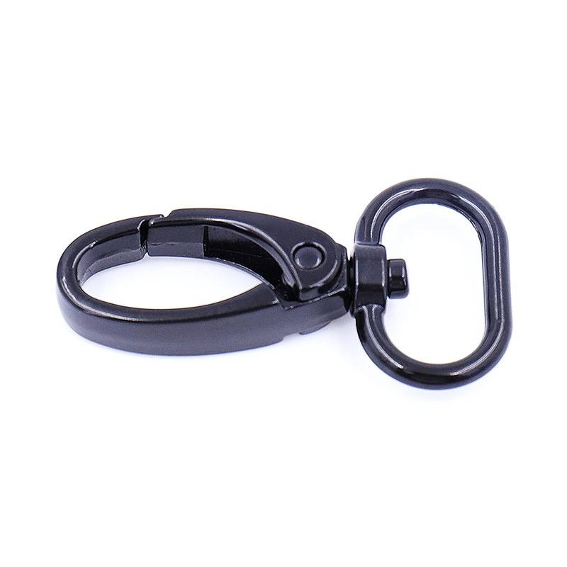 Factory direct supply of 38mm inner diameter electrophoretic black zinc alloy hook, bag hardware webbing, lanyder, round tail spring hook and buckle Item Picture