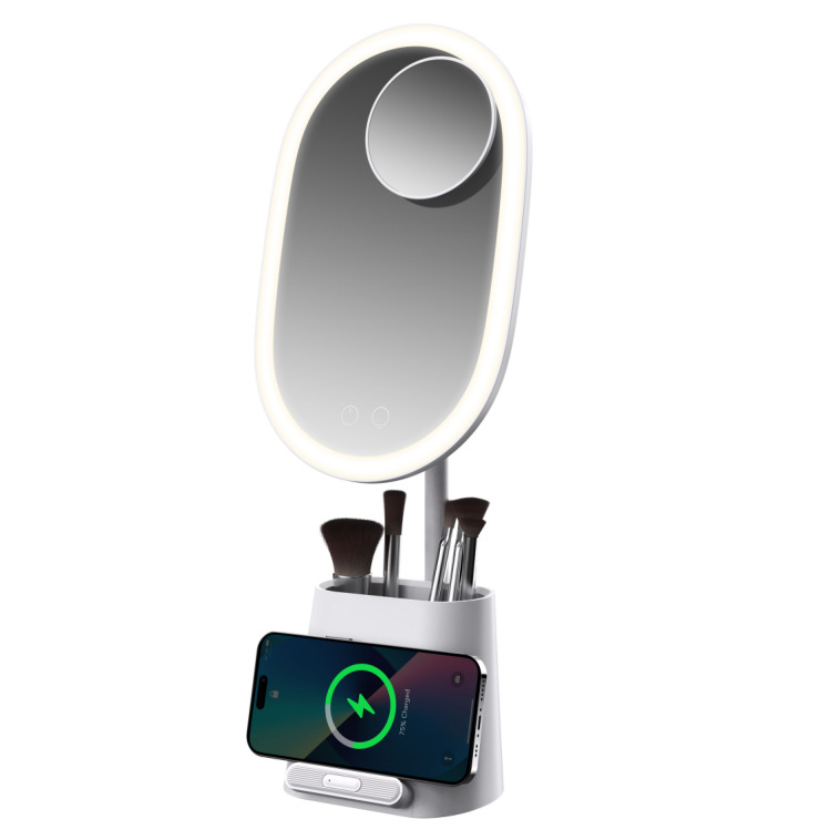 European and American multi-functional makeup mirror, mobile phone wireless charging, dressing mirror light, storage, makeup bucket, adjustable fill light, smart makeup mirror table light, makeup mirror Item Picture