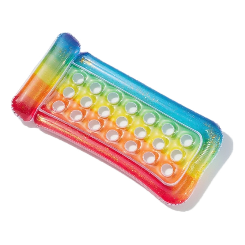 亚马逊专供水上充气浮排洞洞美人鱼泳池派对透明亮片充气浮床批发白底实物图