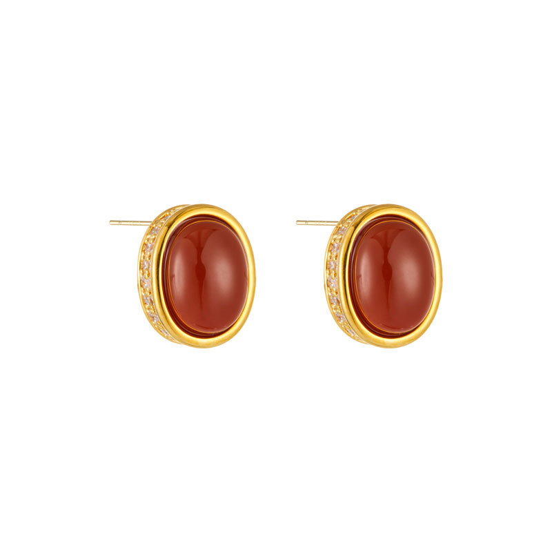 Diseño original nanred piedra natural oval pendientes aleación de cobre oro real chapado micro zirconia incrustado s925 plata agujas auriculares Item Picture