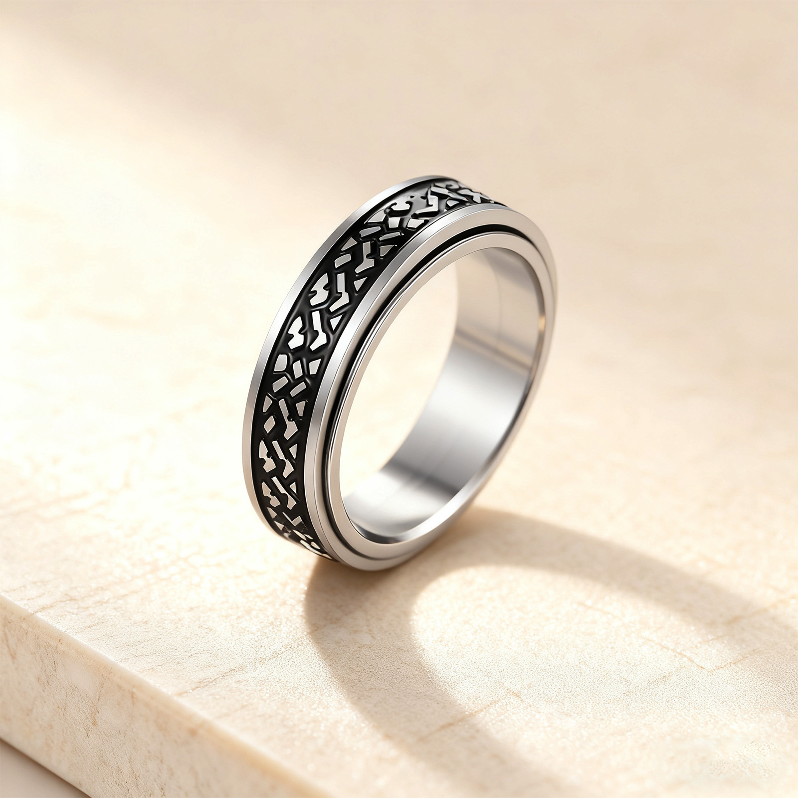 Half-price clearance, rotating pressure-reducing 304 stainless steel men's ring, rotatable stone pattern ring Application Scenario