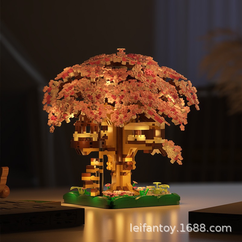 Cross-border compatible LEGO cherry Blossom Tree house street view model ornaments, educational building blocks, children's toys, girls' gifts Specification image