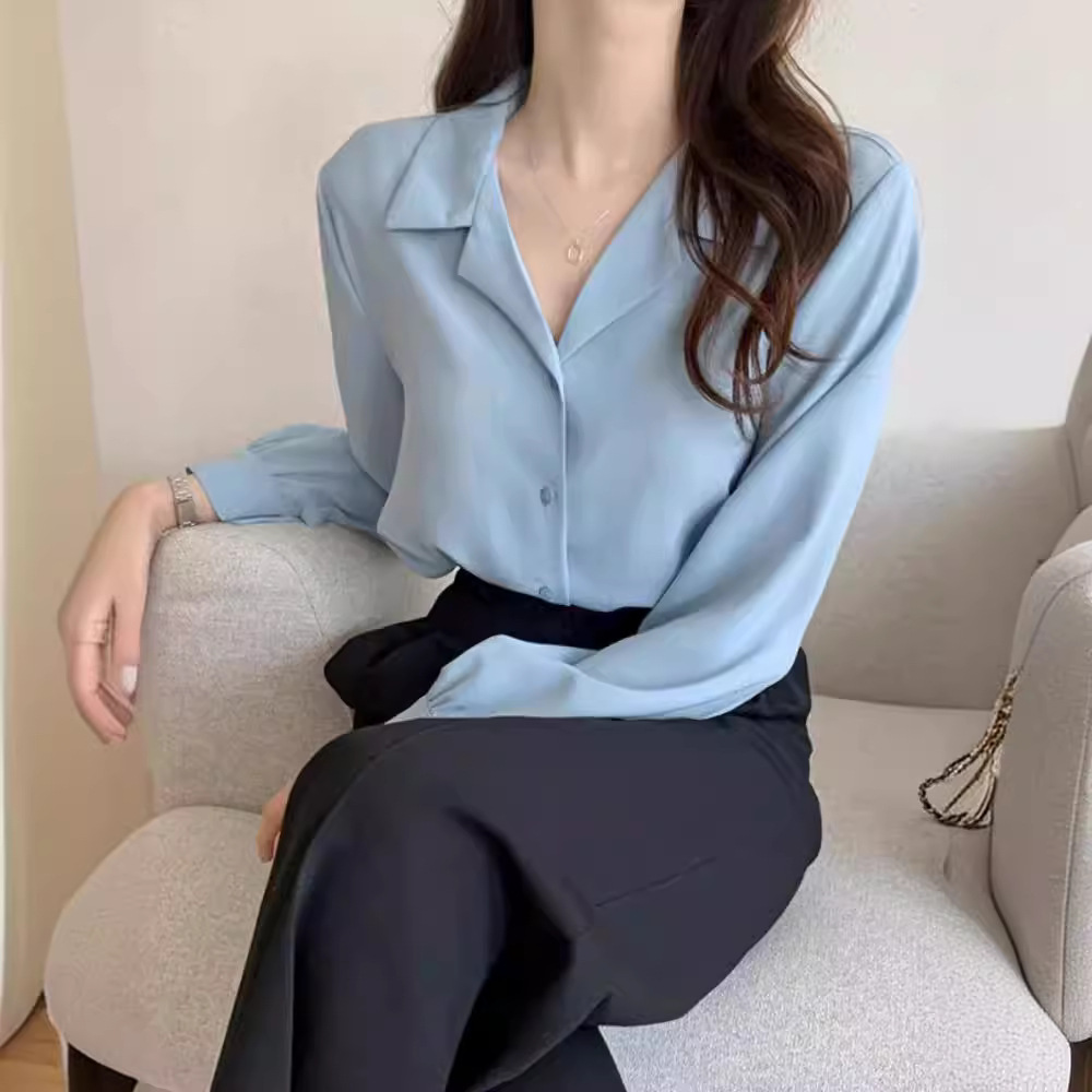 Korean chic2025 Spring/Summer simple solid color elegant suit collar chiffon shirt, French gentle long-sleeved shirt for women Application Scenario