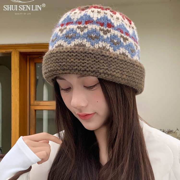 Knitted woolen cap for women's autumn and winter 2025 new style, retro jacquard, versatile and warm basin cap, face-enhancing small ear-protecting fisherman's cap Specification image
