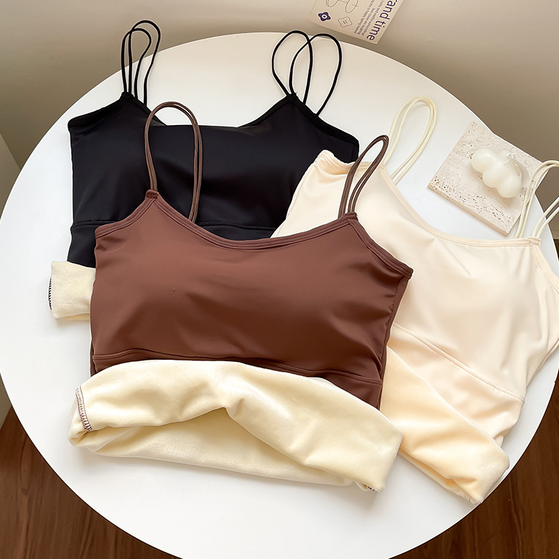 秋冬新款加绒加厚辣妹吊带保暖背心 带胸垫内搭打底发热保暖内衣